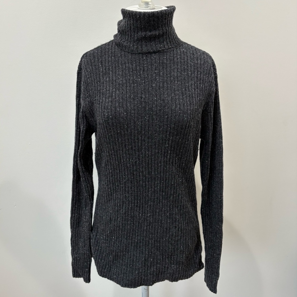 Autumn Cashmere Gray Speckled Ribbed Knit Side Zipper Turtleneck Sweater EUC M